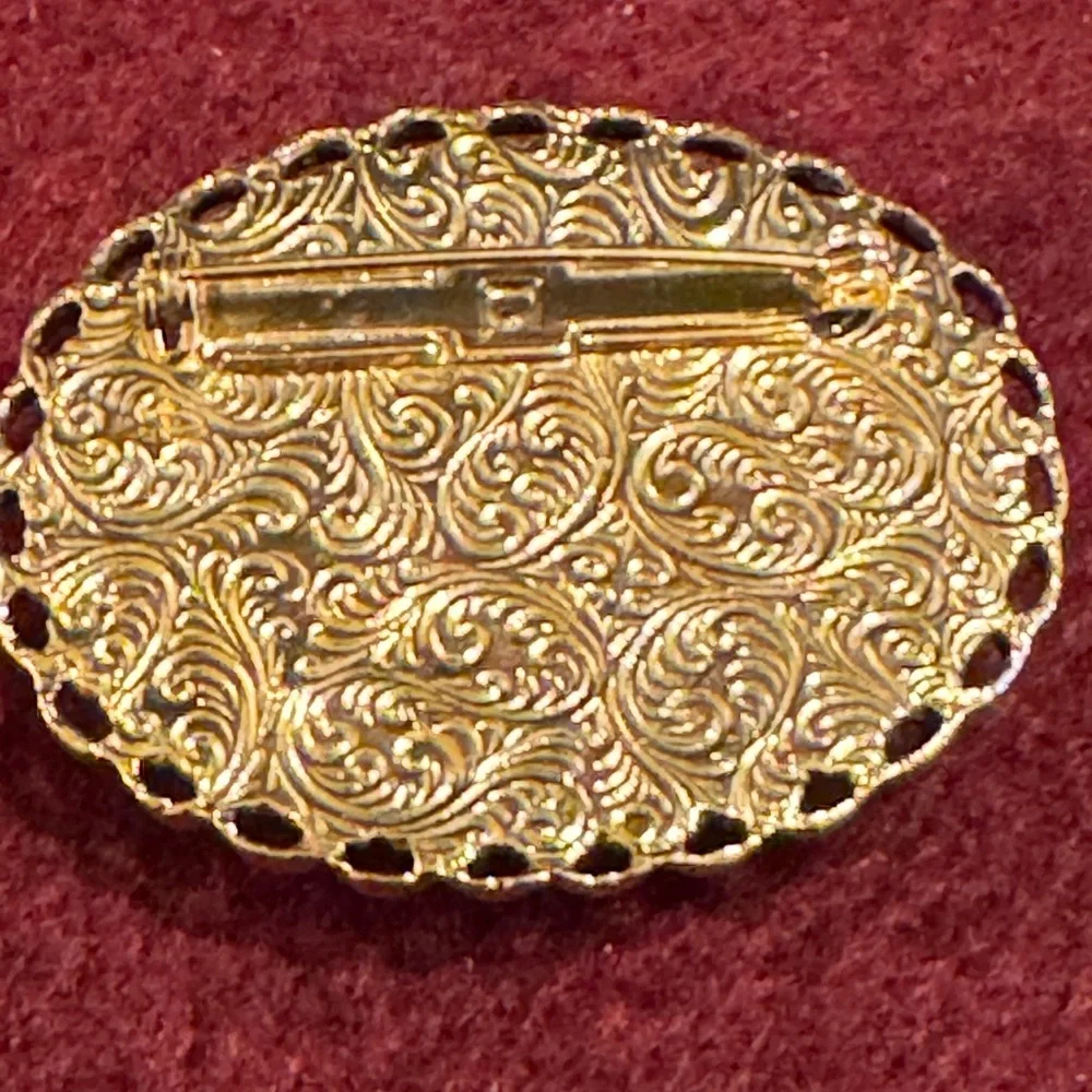 Vintage hand painted floral celluloid set in gold tone filigree frame brooch